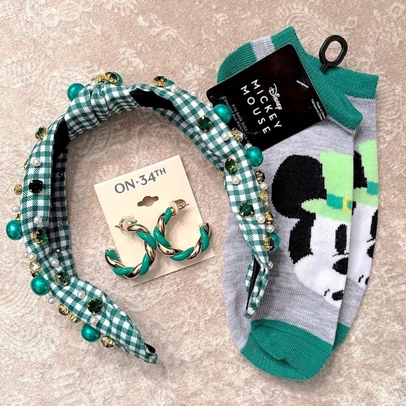 Brand New St. Patrick Day Set Green Beaded Gingham Headband Disney Socks Hoops main image 10